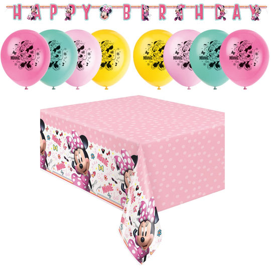 Minnie Mouse Ultimate Party Bundle: Tablecloth, Banner, Balloons - Easy Anniversary/Birthday Fun!