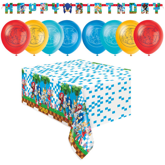 Sonic Party Bundle: Tablecloth, Banner & Balloons - Ultimate Fun!