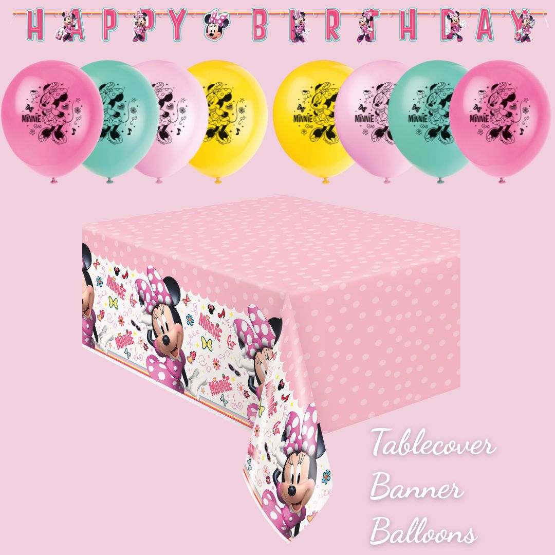 Minnie Mouse Ultimate Party Bundle: Tablecloth, Banner, Balloons - Easy Anniversary/Birthday Fun!