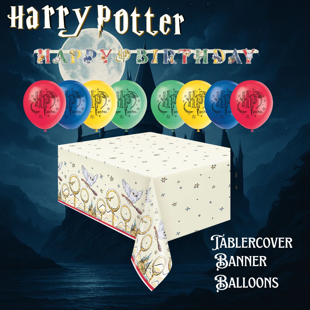 Harry Potter Party Bundle - Tablecloth, Banner & Balloons - Ultimate Fun!