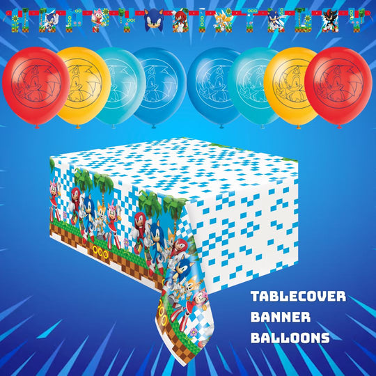 Sonic Party Bundle: Tablecloth, Banner & Balloons - Ultimate Fun!