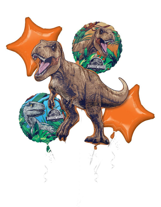 Jurassic World Balloon Bouquet Set – 5-Pack Dinosaur Party Foil Balloons | T-Rex & Raptor Themed Birthday Decorations for Kids, Boys, Girls, and Dino Fans