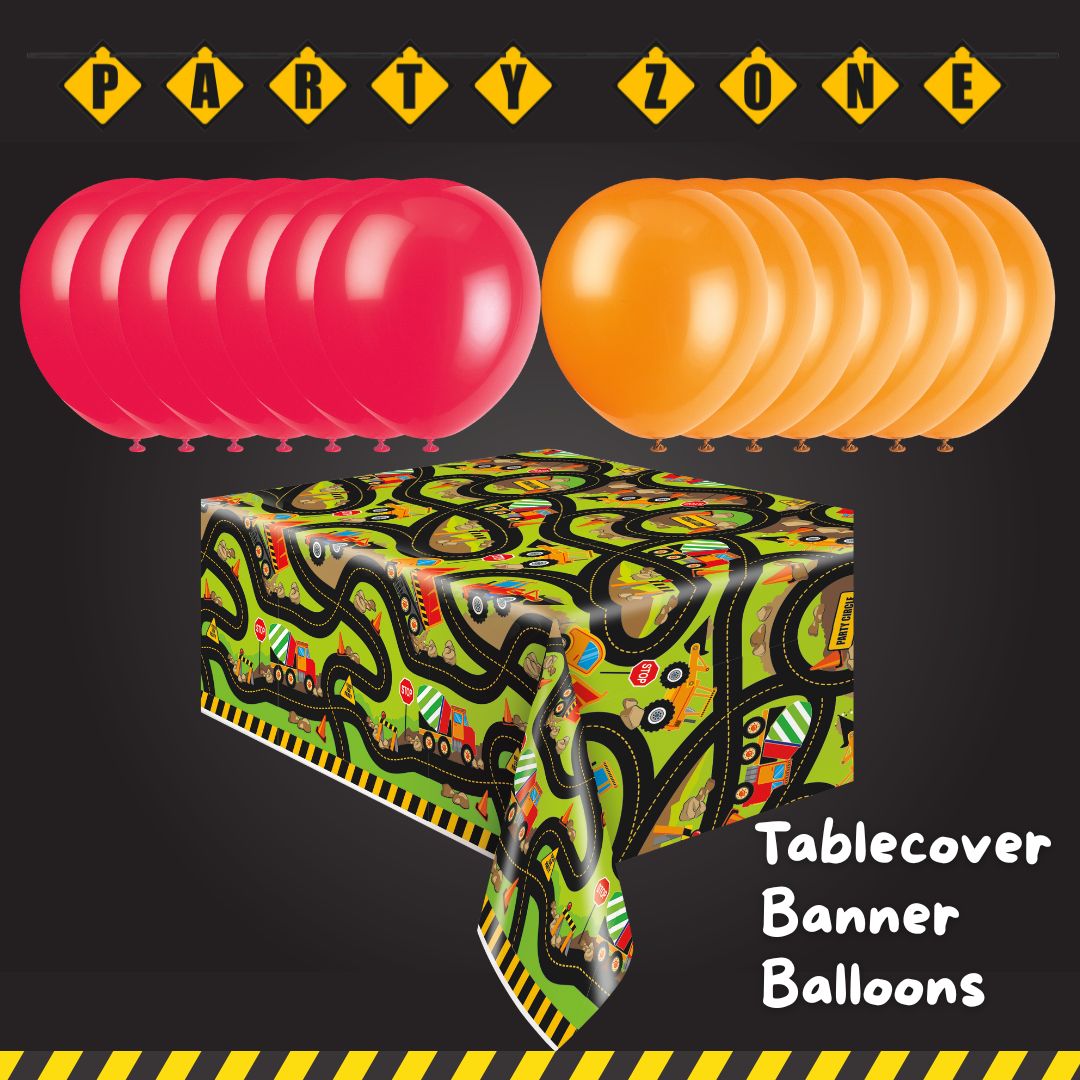 Construction Party Bundle: Tablecover, Banner & Balloons - Effortless Fun!