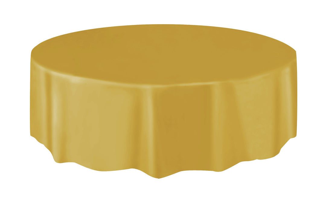 Nappe Ronde en Plastique Dorée Unie, 213 cm - Parfaite pour une Décoration de Fête Luxueuse et Facile à Installer!