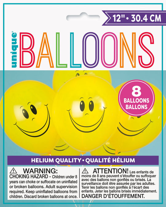 Ballons en Latex Jaune avec Visage Souriant de 30 cm, 8ct - Parfaits pour des Célébrations Joyeuses et Entraînantes!