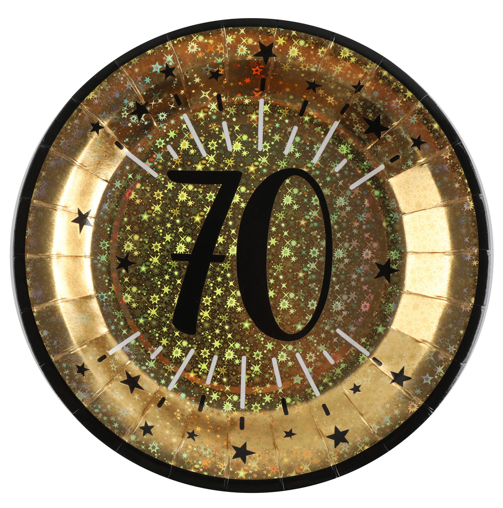 70th Birthday Party Bundle – Gold Plates, Cups & Balloons - Effortless Celebration!