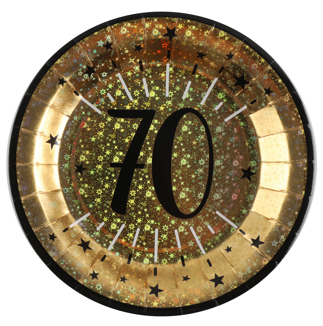 70th Birthday Party Bundle – Gold Plates, Cups & Balloons - Effortless Celebration!