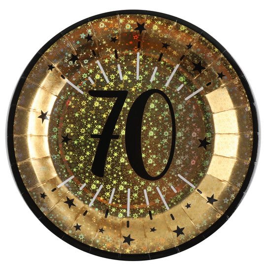 70th Birthday Party Bundle – Gold Plates, Cups & Balloons - Effortless Celebration!