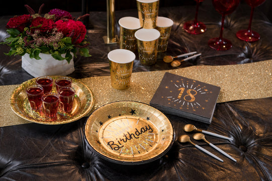 70th Birthday Party Bundle – Gold Plates, Cups & Balloons - Effortless Celebration!