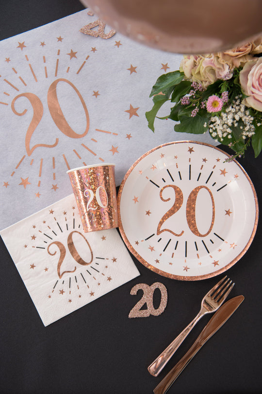 Stylish 20th Birthday Surprise: Rose Gold Dinner Plates for Elegant Party Decor
