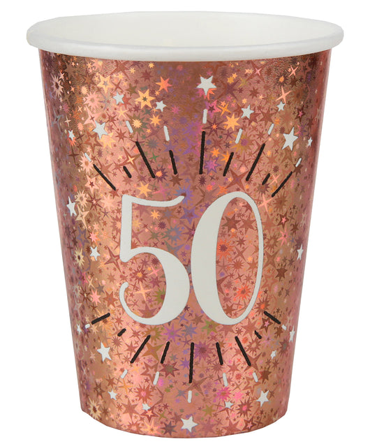 Elegant 50th Birthday Bash: Trendy Rose Gold Paper Cups for Stylish Celebration!