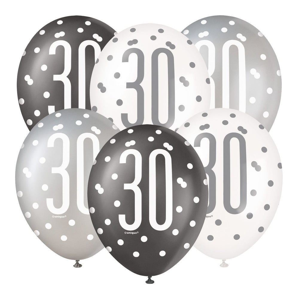 6 Glitz Black, Silver & White 12-inch Latex Balloons - Ideal for Celebrating 30th Milestones with Style!
