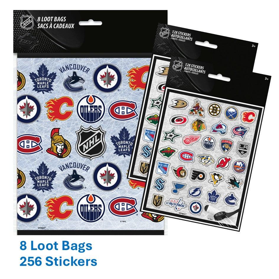 NHL Party Bundle: 128 Stickers & 8 Loot Bags - Ultimate Fun!