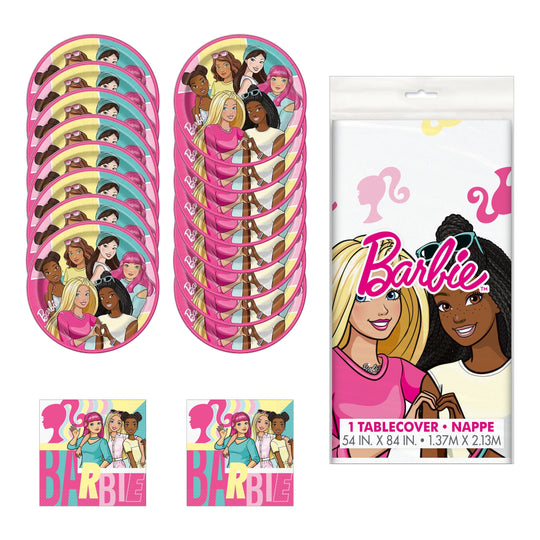 Ensemble Barbie Prêt-à-fêter: Assiettes, Serviettes & Nappe - Solution Fête Tout-en-un, 33 Articles!