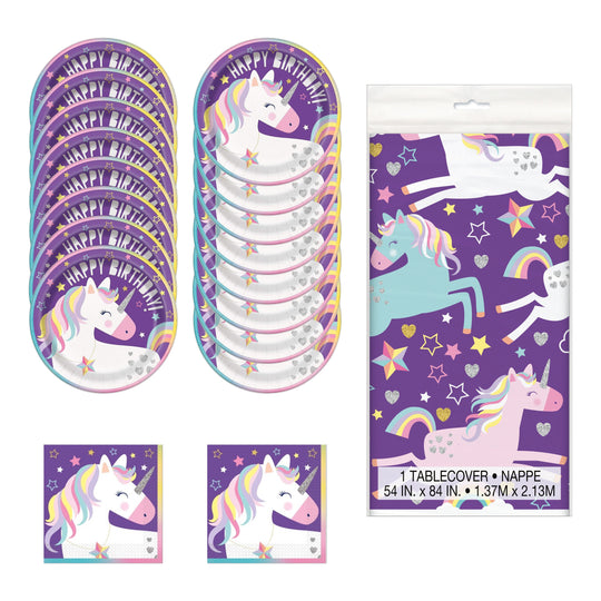 Unicorn Feast Party Bundle for 16 - All-level Fun with Officially Licensed Plates and Tablecloth