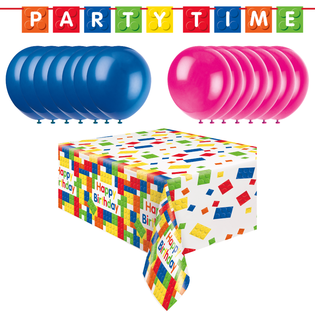 Blocks Party Bundle: Tablecloth, Banner & Balloons - Effortless Fun!
