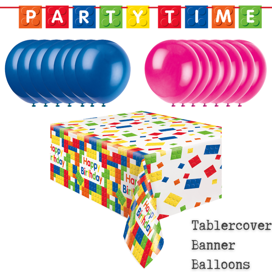 Blocks Party Bundle: Tablecloth, Banner & Balloons - Effortless Fun!