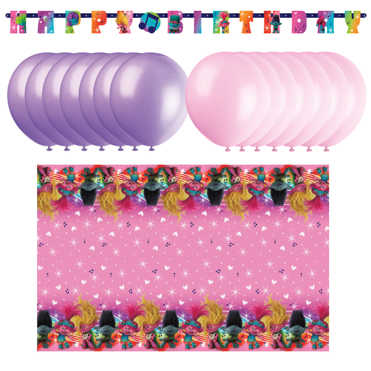 Trolls Party Bundle: Tablecloth, Banner & Balloons - Effortless Fun!