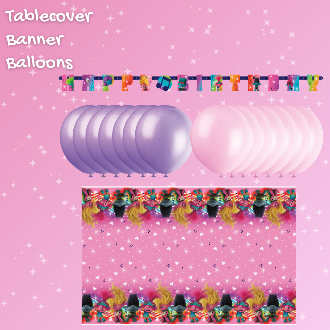 Trolls Party Bundle: Tablecloth, Banner & Balloons - Effortless Fun!