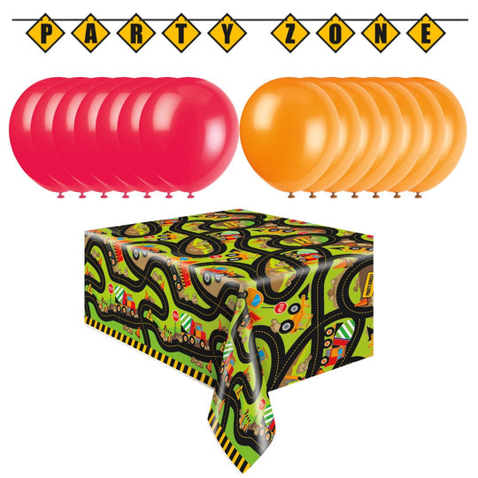 Construction Party Bundle: Tablecover, Banner & Balloons - Effortless Fun!