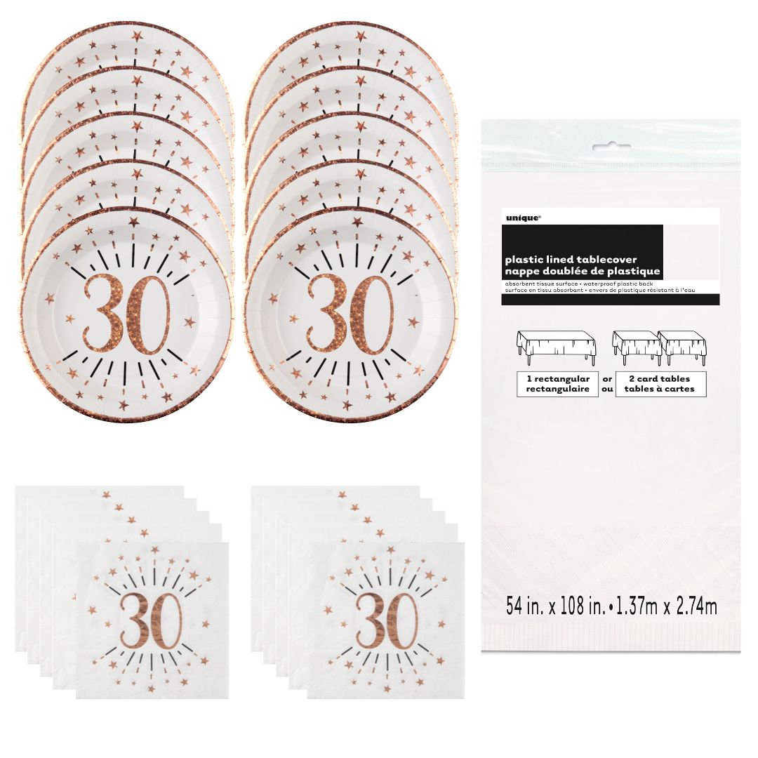 Party supplies including plates, napkins, and a tablecloth with '30' design on a white background.