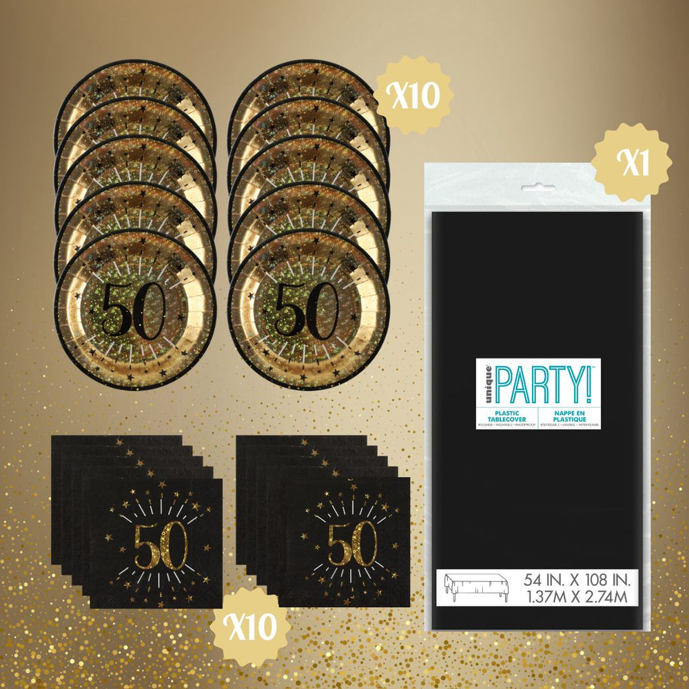 50th Birthday Party Supplies Bundle, Official Licensed, 21-Piece Party Solution, Gold Plates & Napkins with Black Tablecloth, Birthday Party Supplies, Unbeatable Value