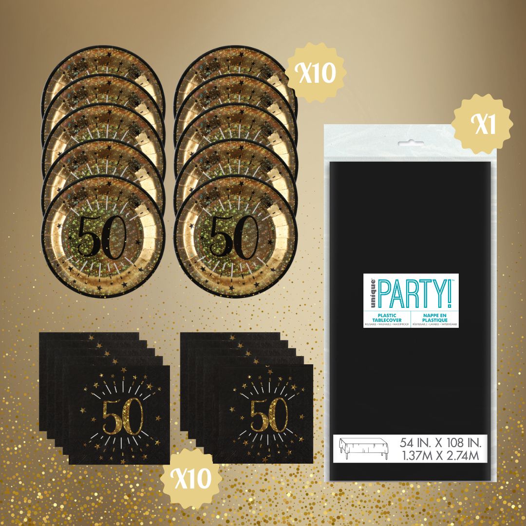 50th Birthday Party Supplies Bundle, Official Licensed, 21-Piece Party Solution, Gold Plates & Napkins with Black Tablecloth, Birthday Party Supplies, Unbeatable Value