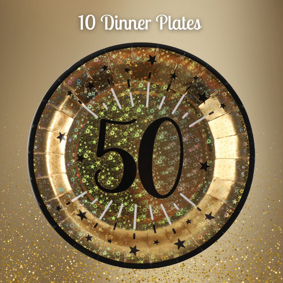 50th Birthday Party Supplies Bundle, Official Licensed, 21-Piece Party Solution, Gold Plates & Napkins with Black Tablecloth, Birthday Party Supplies, Unbeatable Value