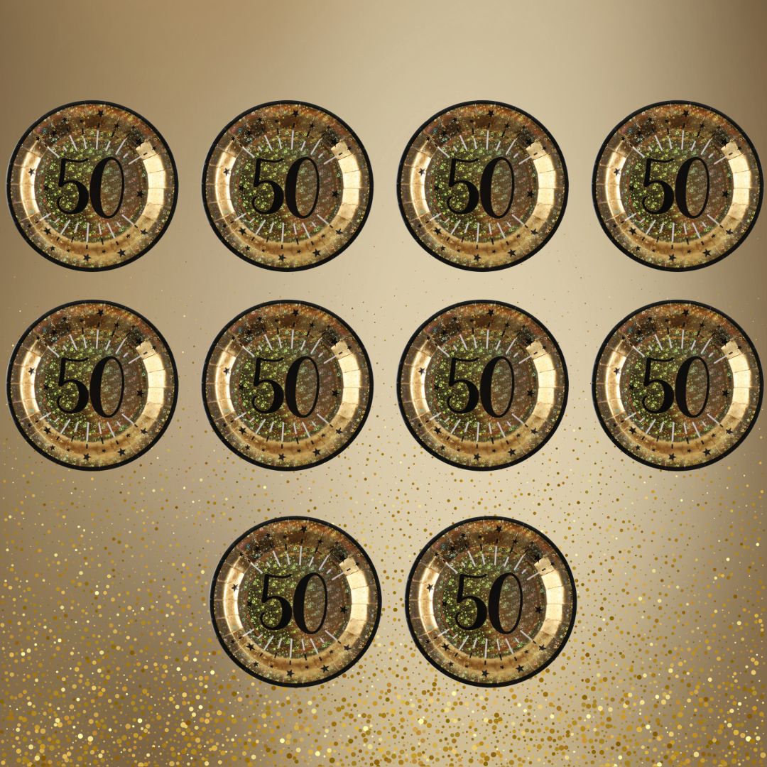 50th Birthday Party Supplies Bundle, Official Licensed, 21-Piece Party Solution, Gold Plates & Napkins with Black Tablecloth, Birthday Party Supplies, Unbeatable Value