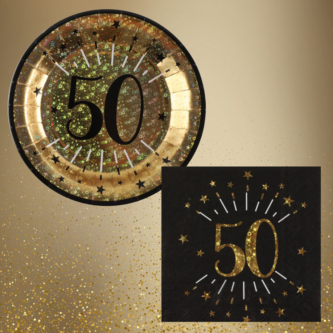 50th Birthday Party Supplies Bundle, Official Licensed, 21-Piece Party Solution, Gold Plates & Napkins with Black Tablecloth, Birthday Party Supplies, Unbeatable Value