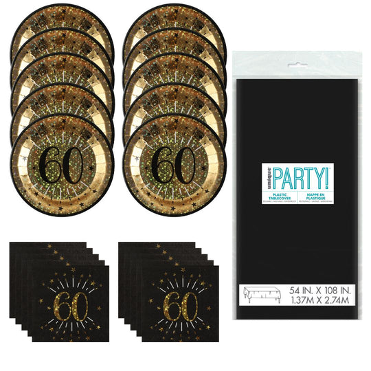 60th Birthday Party Supplies Bundle, Official Licensed, Gold Plates, Napkins & Black Tablecloth, 21pc Party Solution, Unbeatable Value for Birthday Celebrations, Party Supplies Set