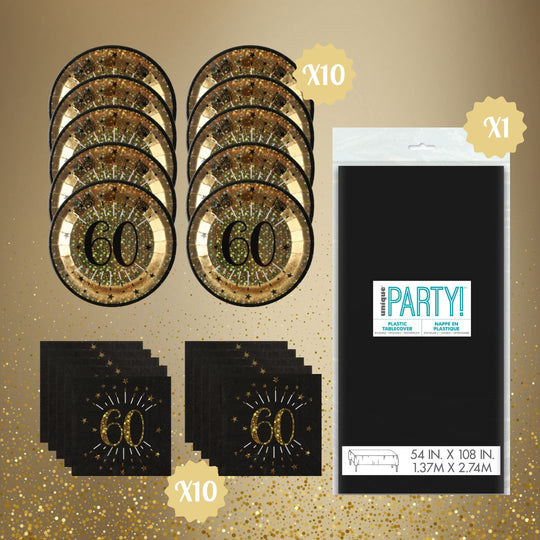 60th Birthday Party Supplies Bundle, Official Licensed, Gold Plates, Napkins & Black Tablecloth, 21pc Party Solution, Unbeatable Value for Birthday Celebrations, Party Supplies Set