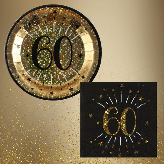 60th Birthday Party Supplies Bundle, Official Licensed, Gold Plates, Napkins & Black Tablecloth, 21pc Party Solution, Unbeatable Value for Birthday Celebrations, Party Supplies Set