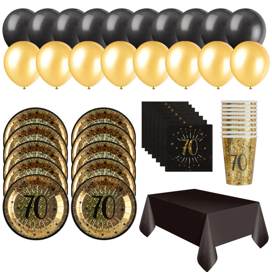 70th Birthday Party Bundle – Gold Plates, Cups & Balloons - Effortless Celebration!