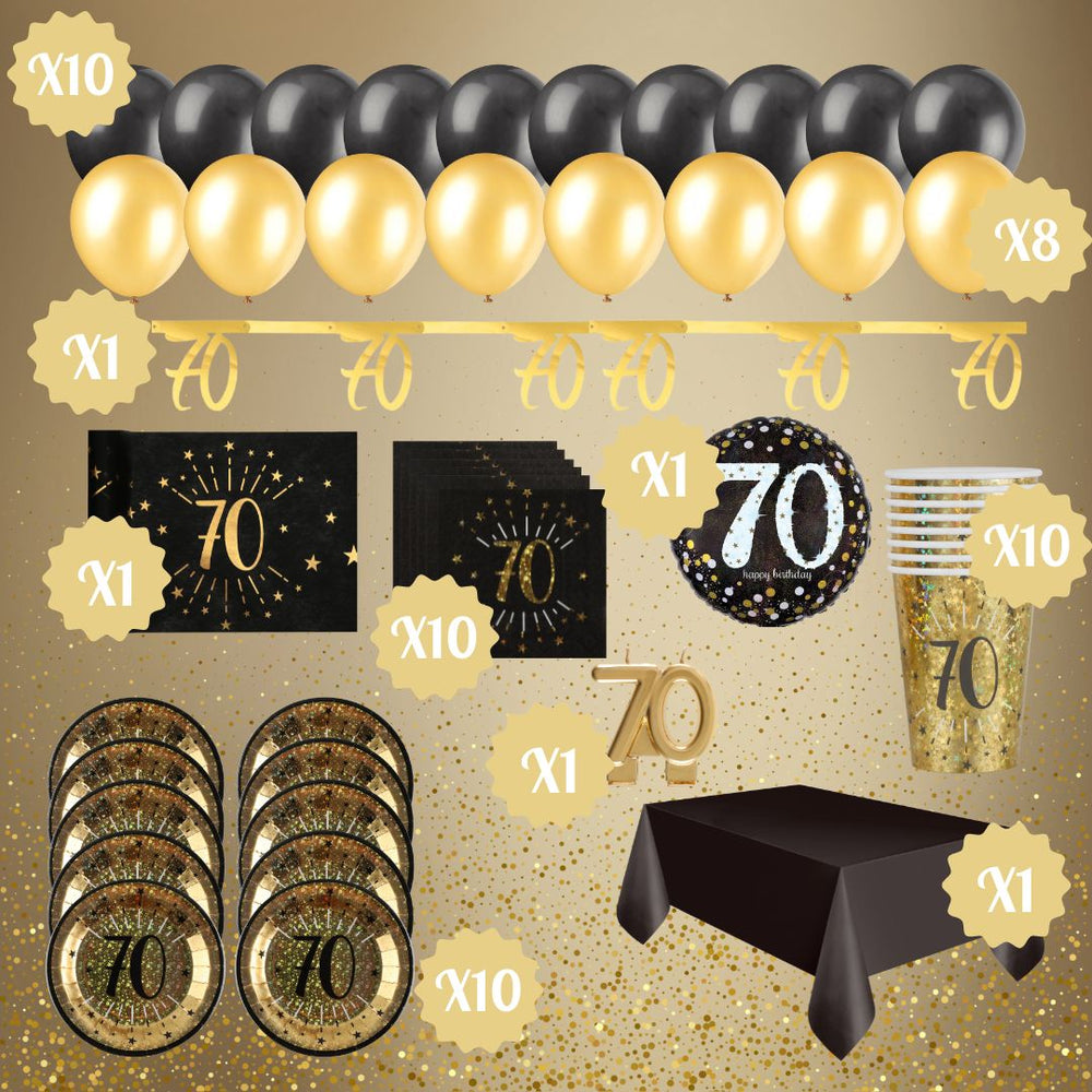 “Shining Gold 70th Birthday Party Bundle - Effortless Celebration!”