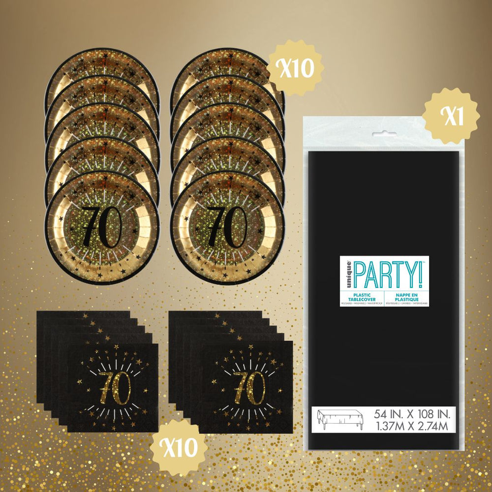 70th Birthday Party Supplies Bundle, Official Licensed, Shining Gold Plates & Napkins, Black Tablecloth, 21pc Birthday Party Supplies Set, Party Solution & Unbeatable Value