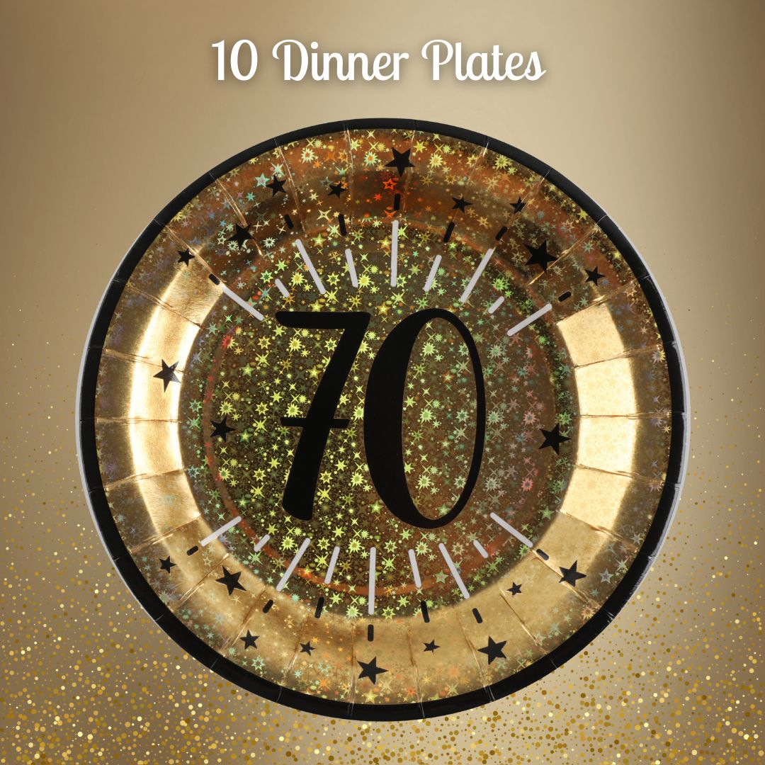 70th Birthday Party Supplies Bundle, Official Licensed, Shining Gold Plates & Napkins, Black Tablecloth, 21pc Birthday Party Supplies Set, Party Solution & Unbeatable Value