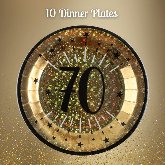 70th Birthday Party Supplies Bundle, Official Licensed, Shining Gold Plates & Napkins, Black Tablecloth, 21pc Birthday Party Supplies Set, Party Solution & Unbeatable Value
