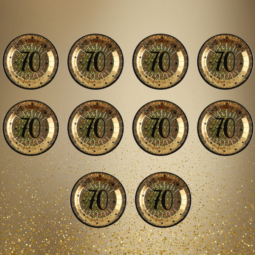 70th Birthday Party Supplies Bundle, Official Licensed, Shining Gold Plates & Napkins, Black Tablecloth, 21pc Birthday Party Supplies Set, Party Solution & Unbeatable Value