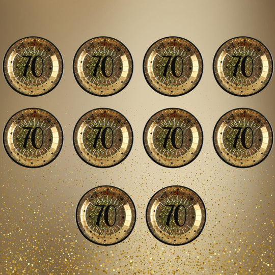 70th Birthday Party Supplies Bundle, Official Licensed, Shining Gold Plates & Napkins, Black Tablecloth, 21pc Birthday Party Supplies Set, Party Solution & Unbeatable Value