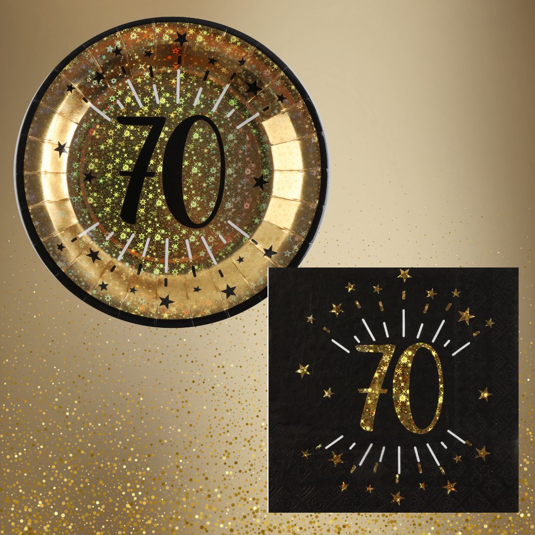 70th Birthday Party Supplies Bundle, Official Licensed, Shining Gold Plates & Napkins, Black Tablecloth, 21pc Birthday Party Supplies Set, Party Solution & Unbeatable Value