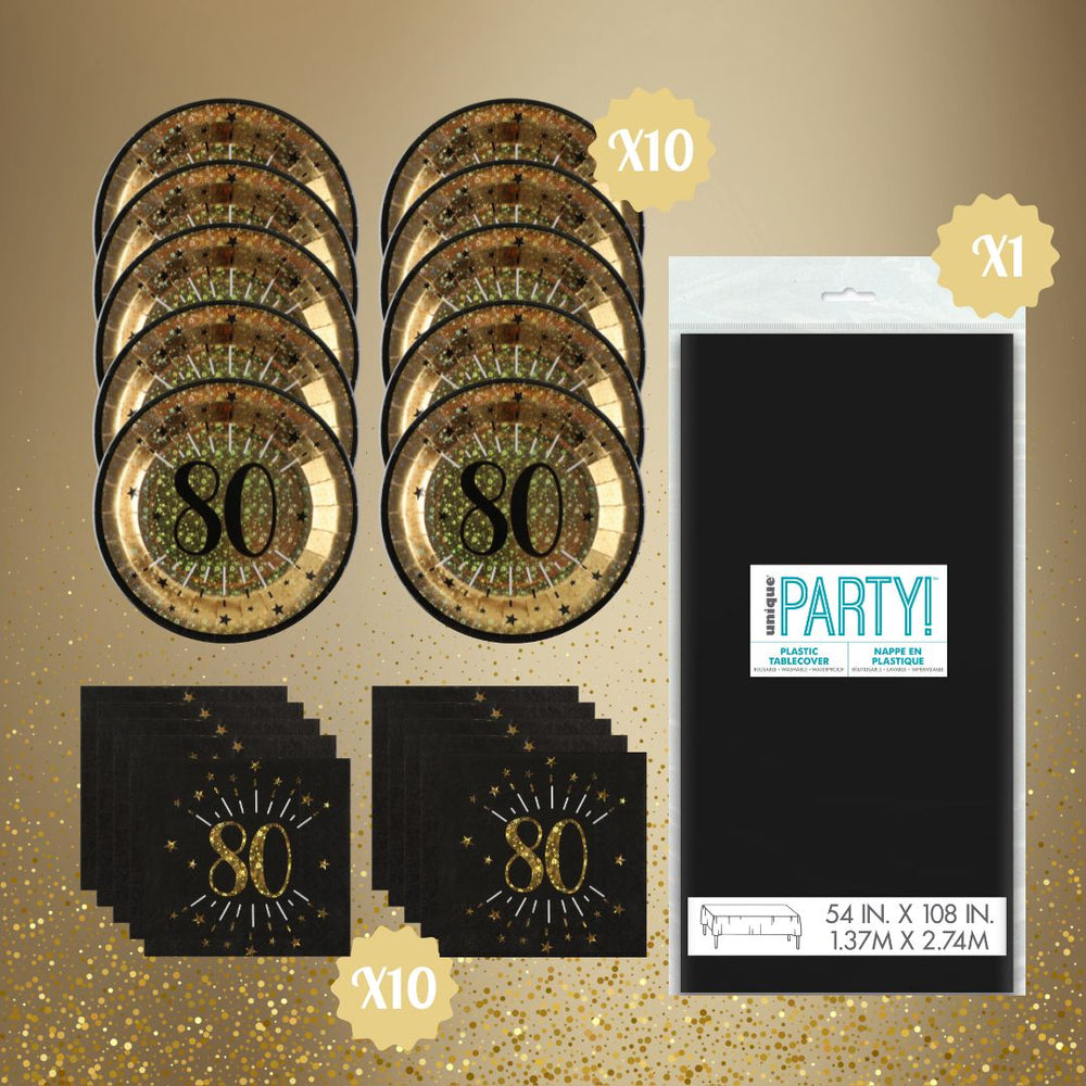 80th Birthday Party Supplies Bundle, Official Licensed, 21 Pc Gold Plates, Napkins & Black Tablecloth, Party Solution, Unbeatable Value, Birthday Decor for a Fun Celebration
