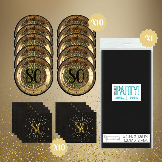 80th Birthday Party Supplies Bundle, Official Licensed, 21 Pc Gold Plates, Napkins & Black Tablecloth, Party Solution, Unbeatable Value, Birthday Decor for a Fun Celebration