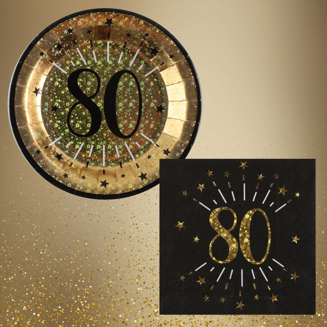 80th Birthday Party Supplies Bundle, Official Licensed, 21 Pc Gold Plates, Napkins & Black Tablecloth, Party Solution, Unbeatable Value, Birthday Decor for a Fun Celebration