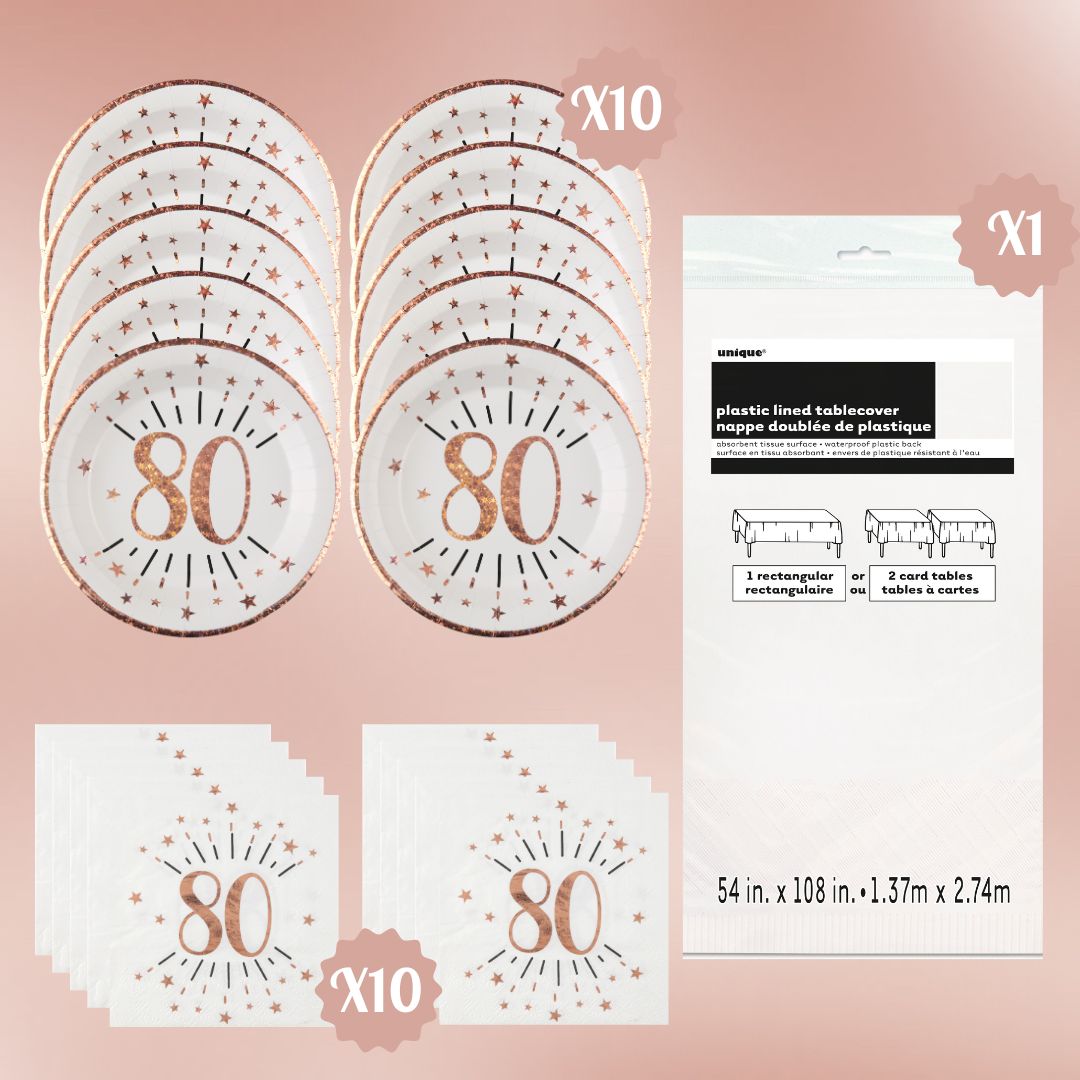 80th Birthday Party Bundle - Rose Gold Plates & Napkins - Effortless Celebration!