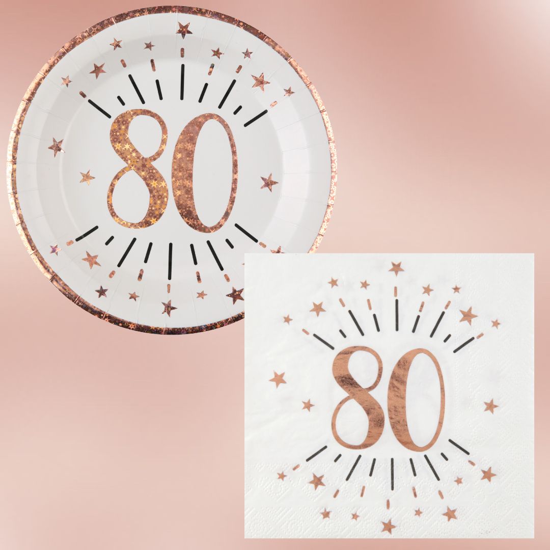 80th Birthday Party Bundle - Rose Gold Plates & Napkins - Effortless Celebration!