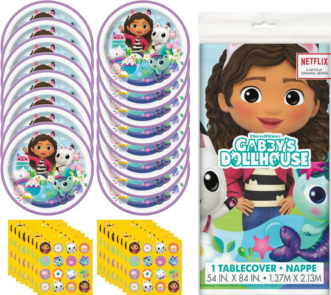 Gabby's Dollhouse party supplies including plates, napkins, and tablecover with character design.