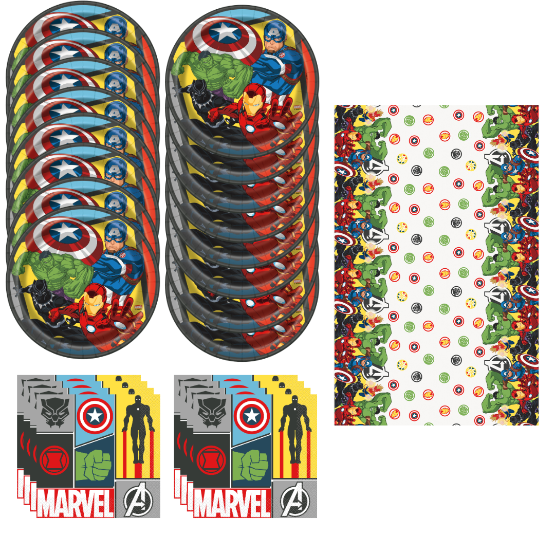 Avengers Ultimate Party Bundle: Dinner Plates, Napkins, Tablecloth - Effortless Fun for 16 Guests!