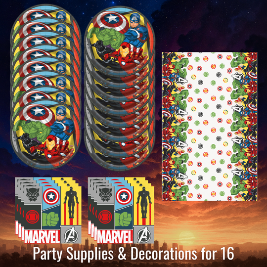 Avengers Ultimate Party Bundle: Dinner Plates, Napkins, Tablecloth - Effortless Fun for 16 Guests!