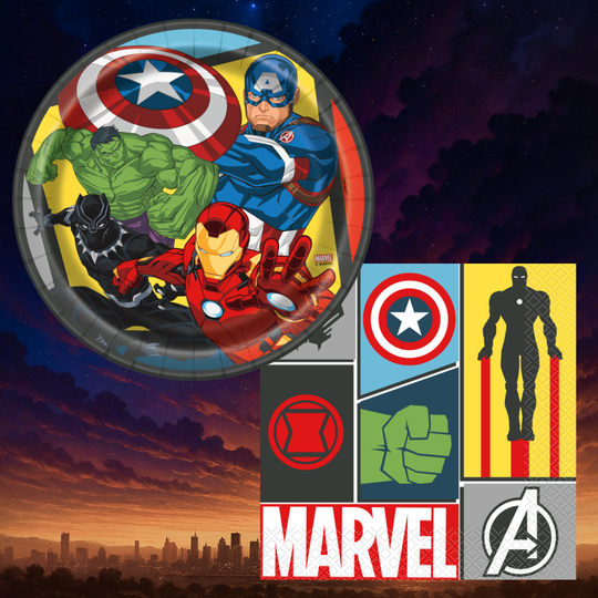 Avengers Ultimate Party Bundle: Dinner Plates, Napkins, Tablecloth - Effortless Fun for 16 Guests!